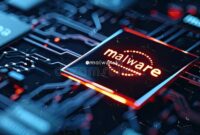 Digital Alert Sign for Malware on High-Tech Circuit Board Background ... Digital Alert Sign for Malware on High-Tech Circuit Board Background ...